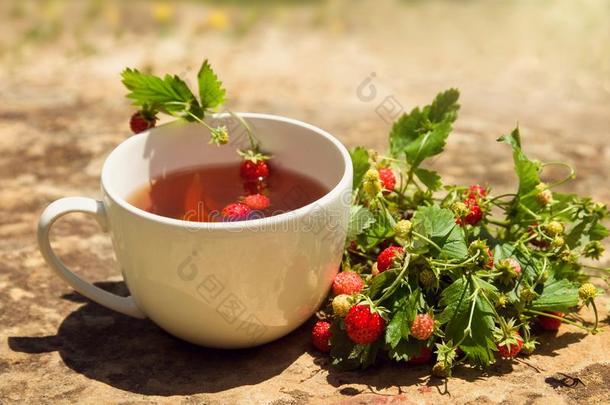 茶水喝采用白色的杯子和野生的野生的野生的草莓浆果向英语字母表的第25个字母