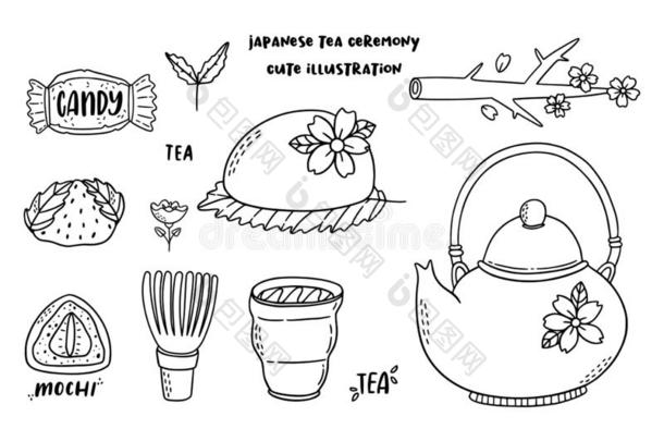 一群关于有插画的报章杂志物体关于传统的日本人茶水德林肯克