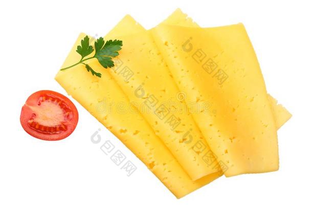 奶酪部分和番茄和西芹隔离的向白色的后台