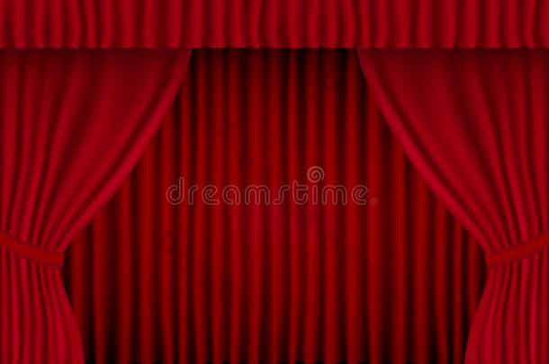 美丽的红色的电影院折叠的窗帘帷帘向黑的背景