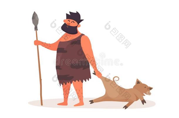 原始的男人来从打猎和被捕食的动物.史前的男人衣服