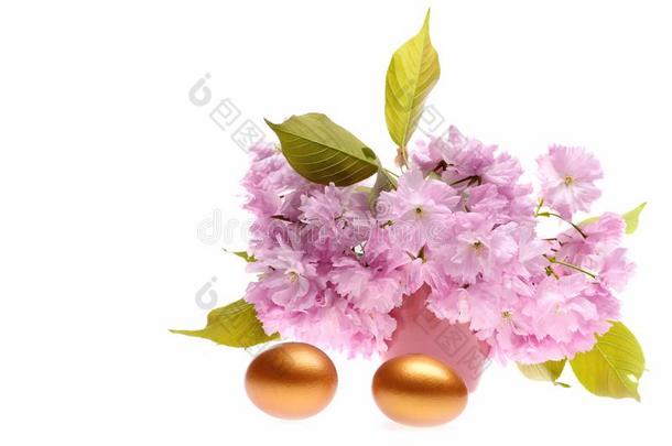 黑色亮漆和复活节观念和粉红色的樱花和金色的卵