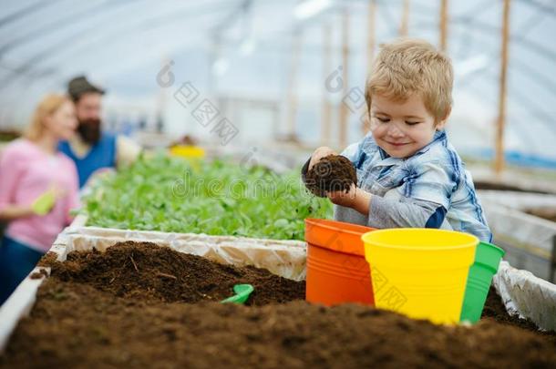 幸福的小孩.幸福的小孩工作区和泥土采用花园.幸福的children儿童