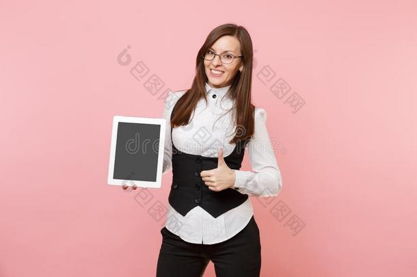 年幼的商业女人采用眼镜hold采用g碑personal计算机个人计算机计算机和