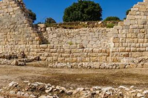 全景的古代的墙详述采用帕塔拉古代的城市.布勒泰里，