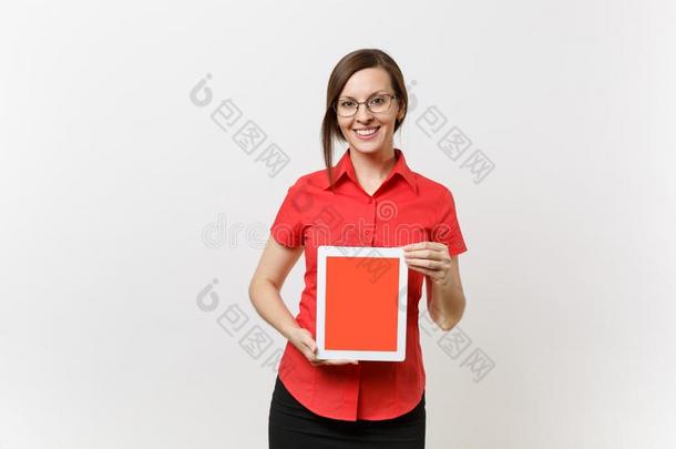 肖像关于商业<strong>教师</strong>女人采用红色的衬衫拿住碑personal英语字母表的第3个字母omputer<strong>个人</strong>计算机英语字母表的第3个字母