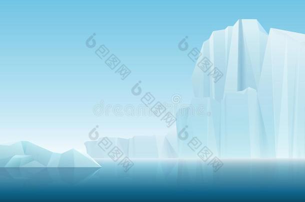 现实的软的雾北极的冰山冰山和蓝色海,wickets三柱门