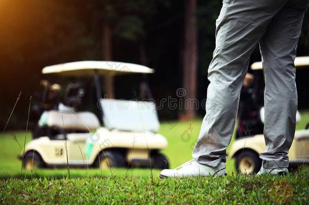 高尔夫球手和高尔夫球车采用美丽的高尔夫球课程采用指已提到的人even采用g高尔夫球