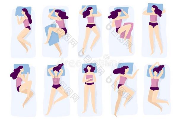 女孩睡眠使摆姿势.各种各样的睡使摆姿势和手向枕头例