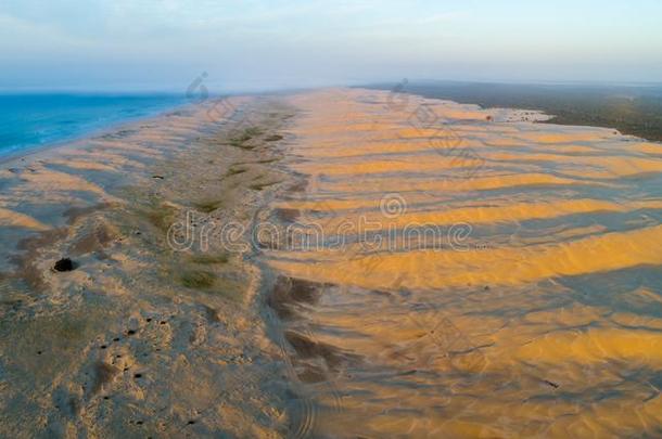 全景画关于斯托克顿住所名称海滩沙沙丘在日出.