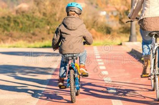 家庭和孩子们骑马自行车采用指已提到的人自然