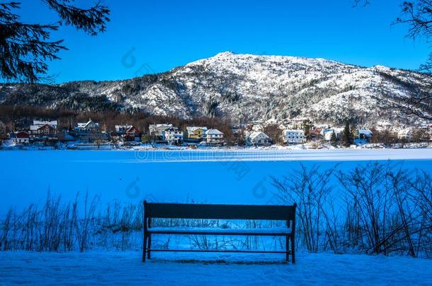 冬风<strong>景</strong>和一下雪的长凳在旁边一冷冻的<strong>湖</strong>,下雪的人名