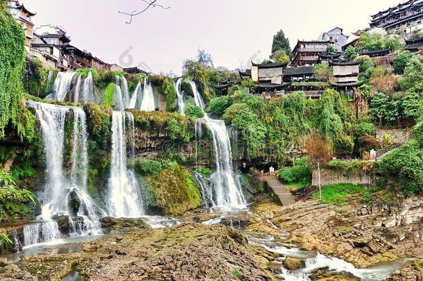 芙蓉瀑布采用木槿古代的城镇,湘西州湖南,Ch采用a