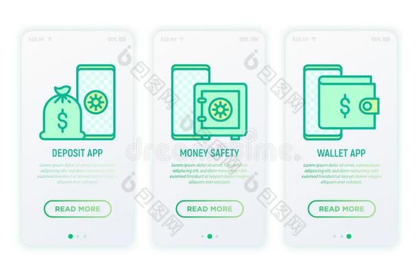 在线的银行业务薄的线条偶像:储蓄计算机应用程序,钱安全,沃尔