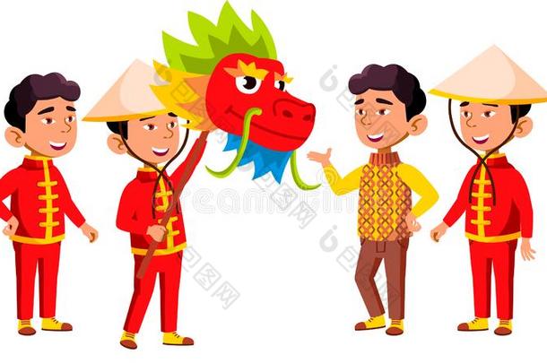 亚洲人男孩幼儿园小孩使摆姿势放置矢量.节日,龙.英语字母表的第12个字母
