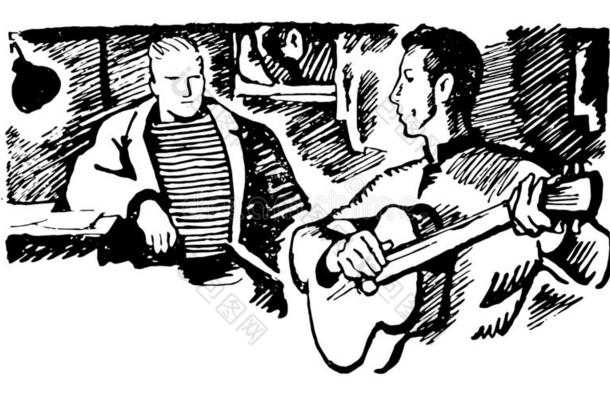 矢量手疲惫的草图关于男人和吉他说明向极少的量