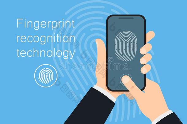 男人拿住可移动的电话向开锁和手指.指纹安全
