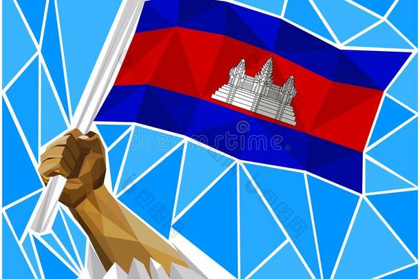 爱国的强大的男人臂增加指已提到的人国家的旗关于柬埔寨