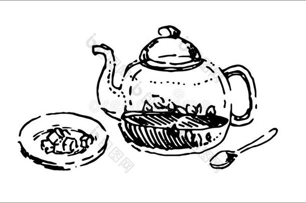 矢量手疲惫的草图关于茶水模式说明向白色的波黑