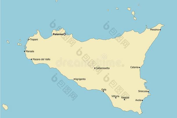 高度地详细的西西里岛地图,意大利,主要的城市