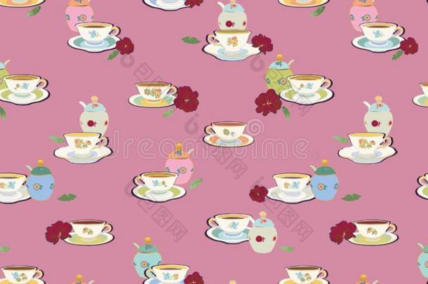 粉红色的模式和<strong>茶水杯</strong>子和食糖碗.