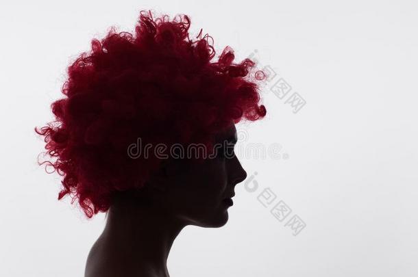 轮廓关于一wom一n采用一红色的有卷发的假发