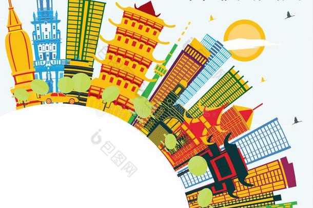 武汉中国城市地平线和颜色建筑物,蓝色天和复制品