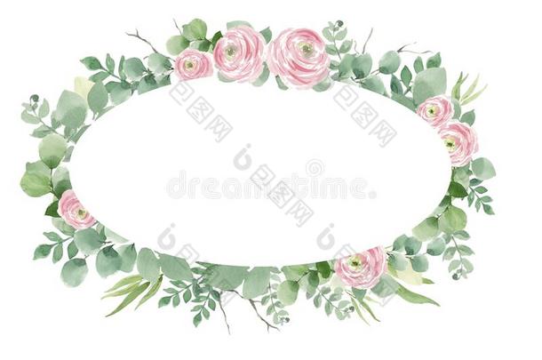 花环关于玫瑰和树叶为婚礼邀请,椭圆形的