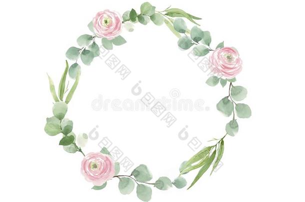 花环关于玫瑰和绿色的树叶为婚礼邀请