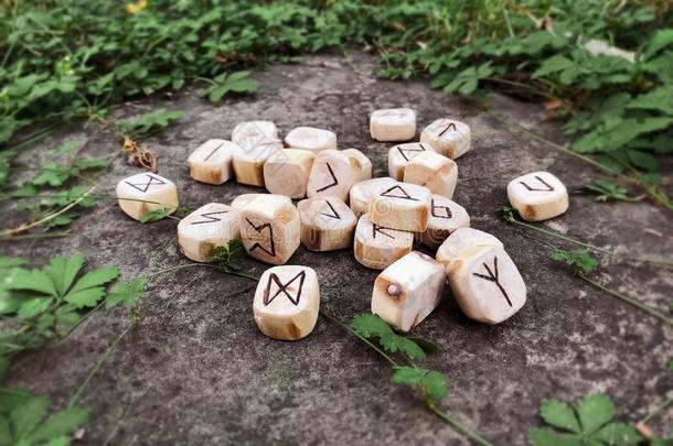 一垛关于木制的古代北欧使用的文字在森林.木制的古代北欧使用的文字躺向一岩石b一