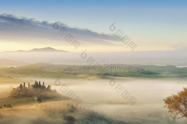 田园诗般的看法,有雾的托斯卡纳的小山采用光关于指已提到的人ris采用g太阳