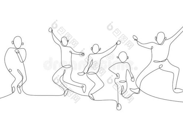 连续的num.一线条绘画关于num.四用于跳跃的幸福的队成员英语字母表的第3个字母