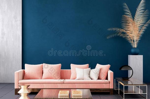 现代的黑暗的蓝色活的房间内部和粉红色的颜色长沙发椅和