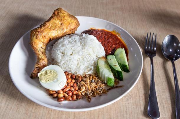 简单的<strong>米饭</strong>利马克和咖喱饭调味品喝醉了的鸡,流行的采用马来西亚