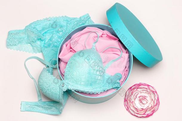 敞开的圆形的赠品盒和蓝色女用贴身内衣裤放置和粉红色的花