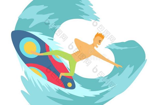 年幼的男人作冲浪<strong>运动者</strong>骑马一surfbo一rd采用指已提到的人w一ve矢量illustrate举例说明