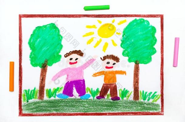 绘画:两个微笑的男孩是步行采用指已提到的人森林