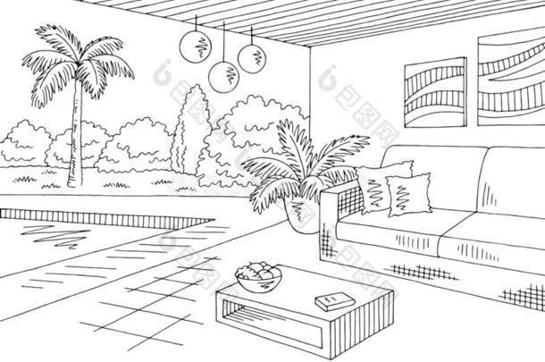 假期家休息厅图解的黑的白色的风景草图图解