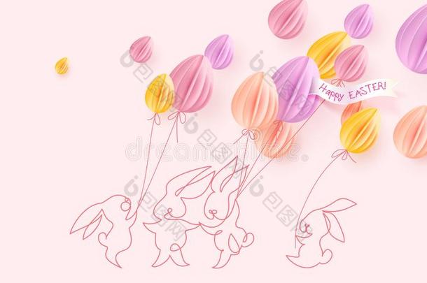 幸福的复活节卡片.漂亮的兔子和天空气球