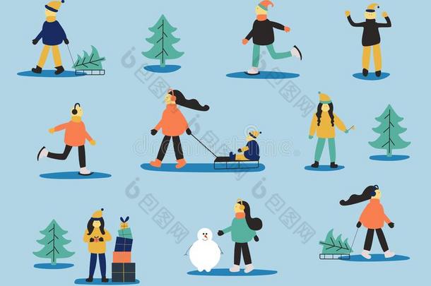 冬放置和人:溜冰男人,女人和雪橇,女人和