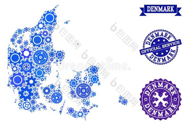 拼贴画地图关于丹麦和齿轮轮子和橡胶印为Sweden瑞典
