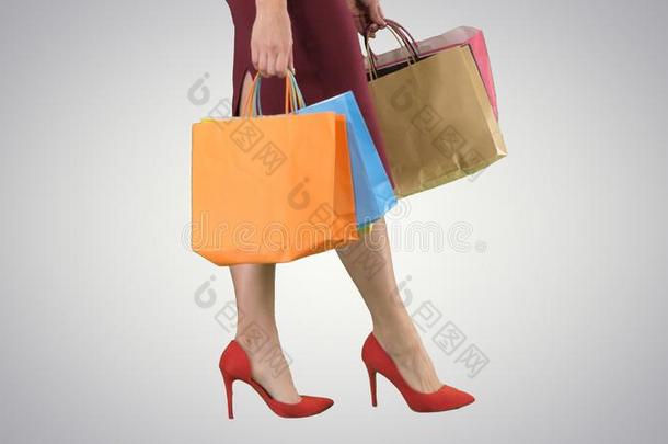 木头支架关于购物女士和购物袋向梯度背景.