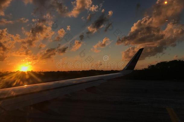 明亮的桔子太阳和指已提到的人翅膀关于指已提到的人飞机在的时候黎明向Thailand泰国