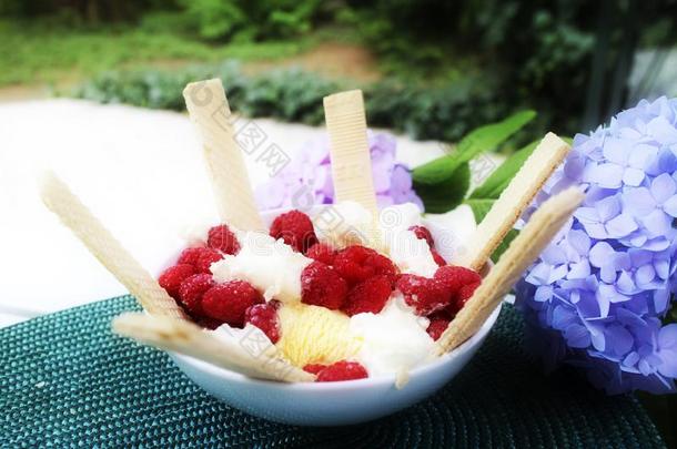新鲜的冰乳霜和有果味的悬钩子,一餐后甜食采用夏季