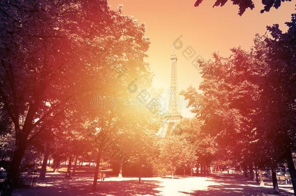世界著名的Eiffel语言塔在日落采用巴黎