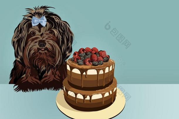 小的黑的折叠狗和蛋糕.幸福的生日招呼卡片.