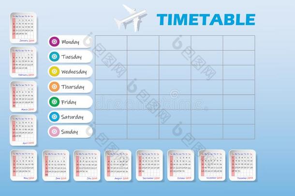 日历为年2019和空白的一周一次的天空运送交通工具的<strong>运行时</strong>间表