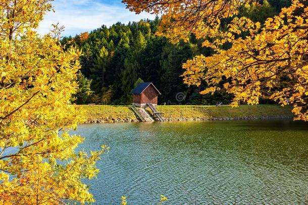美丽的看法关于小的木制的房屋向银行关于湖在近处森林