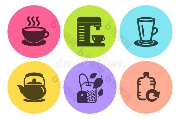 <strong>茶</strong>杯,<strong>茶</strong>壶和卡普契诺咖啡偶像放置.咖啡豆机器,薄荷波黑