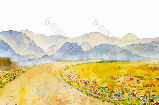 水彩风景绘画关于山和草地